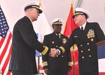 IMAGE: DAHLGREN, Va. (April 24, 2019) - Capt. (sel) Stephen ‘Casey’ Plew, right, commanding officer of the Naval Surface Warfare Center Dahlgren Division (NSWCDD), shakes hands with Rear. Adm. Eric Ver Hage, commander of the Naval Sea Systems Command (NAVSEA) Warfare Centers, moments after formally assuming command of NSWCDD during a change of command ceremony. Looking on is Capt. Godfrey ‘Gus’ Weekes, outgoing NSWCDD commanding officer.
