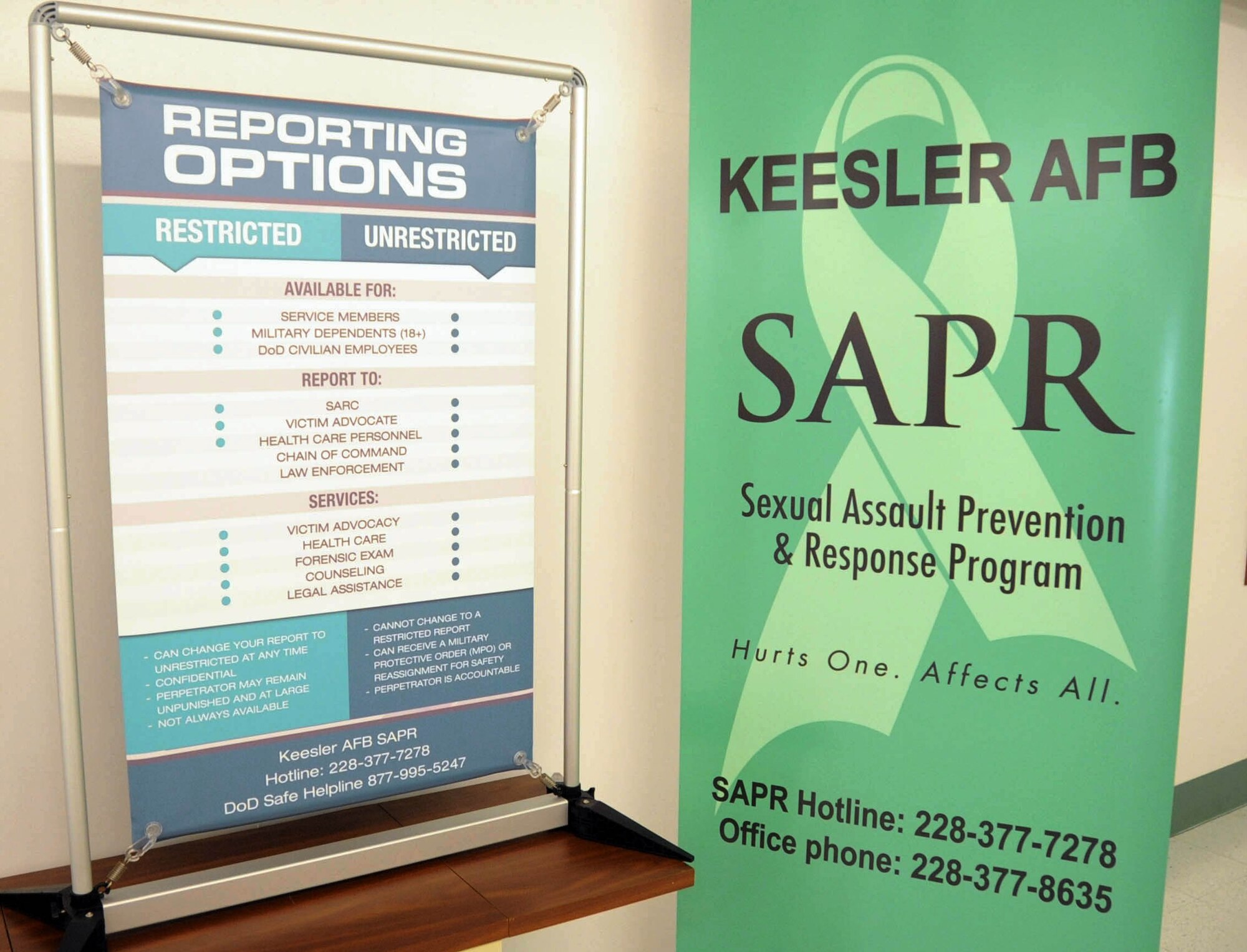 Sexual Assault Prevention & Response Program and Reporting Options banners  in Dolen Hall, Keesler Air Force Base, April 11, 2019.