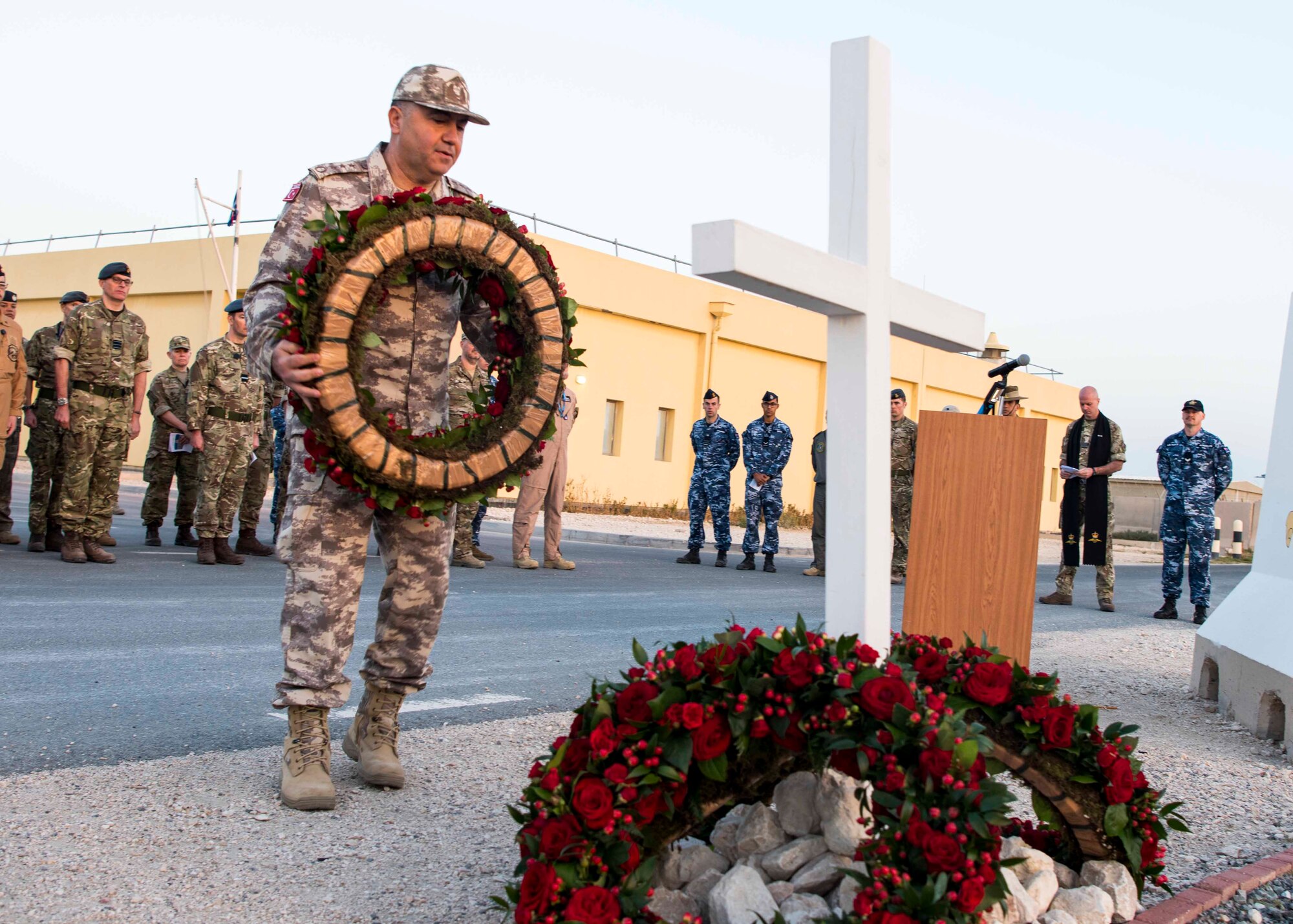 Colonel Selahattin Soylen, Turkey’s Senior National Representative to the Combined Air Operations Center lays a wreath.