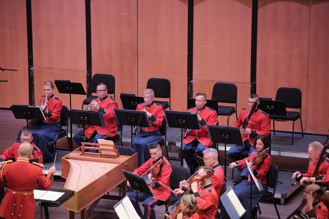 On April 14, 2019, the Marine Chamber Orchestra, conducted by Assistant Director Capt. Ryan J. Nowlin, performed Johann Sebastian Bach’s Suite No. 4 in D, BWV 1069; Wolfgang Amadeus Mozart’s Horn Concerto No. 2 in E-flat, K. 417; and Joseph Haydn’s Symphony No. 103, Drum Roll. The concert took place at the Rachel M. Schlesinger Concert Hall and Arts Center at Northern Virginia Community College in Alexandria, Va. (U.S. Marine Corps photo by Master Sgt. Kristin duBois/released)
