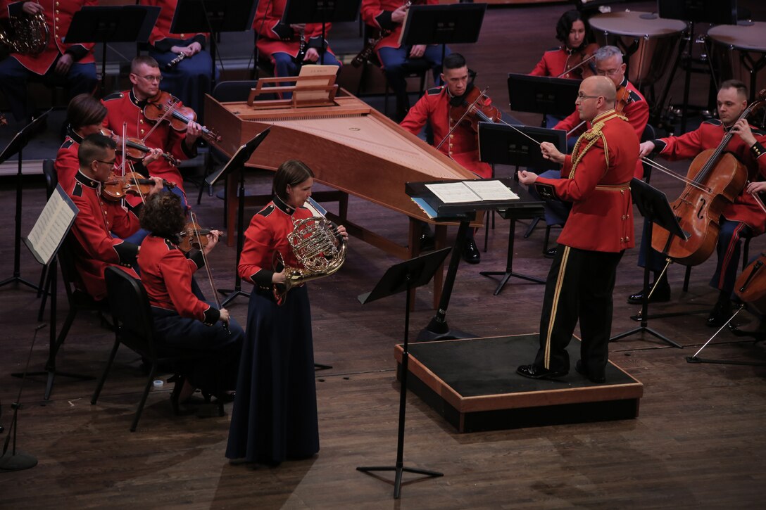 On April 14, 2019, the Marine Chamber Orchestra, conducted by Assistant Director Capt. Ryan J. Nowlin, performed Johann Sebastian Bach’s Suite No. 4 in D, BWV 1069; Wolfgang Amadeus Mozart’s Horn Concerto No. 2 in E-flat, K. 417; and Joseph Haydn’s Symphony No. 103, Drum Roll. The concert took place at the Rachel M. Schlesinger Concert Hall and Arts Center at Northern Virginia Community College in Alexandria, Va. (U.S. Marine Corps photo by Master Sgt. Kristin duBois/released)