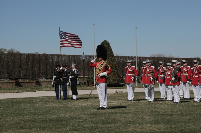 On March 26, 2019, "The President's Own" U.S. Marine Band performed at an arrival ceremony hosted by acting Secretary of Defense Patrick Shanahan for Brazil's Defense Minister Fernando Azevedo d Silva. (U.S. Marine Corps photo by Master Sgt. Kristin duBois/released)
