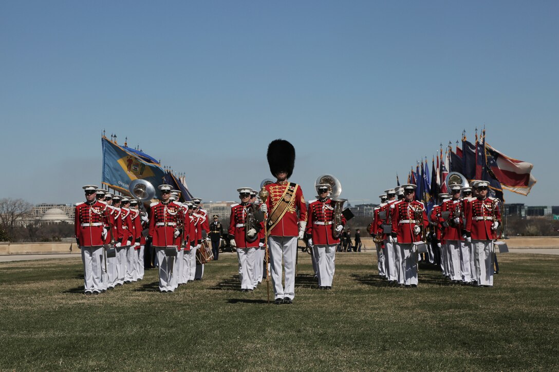 On March 26, 2019, "The President's Own" U.S. Marine Band performed at an arrival ceremony hosted by acting Secretary of Defense Patrick Shanahan for Brazil's Defense Minister Fernando Azevedo d Silva. (U.S. Marine Corps photo by Master Sgt. Kristin duBois/released)