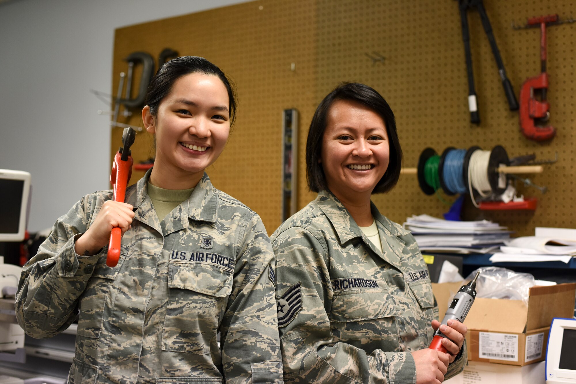 Tech. Sgt. Kristine Richardson, 39th Medical Support Squadron biomedical equipment NCO in charge, right, and Senior Airman Kirsten Lee, 39th MDSS biomedical equipment technician, left, pose for a photo April 18, 2019, at Incirlik Air Base, Turkey.