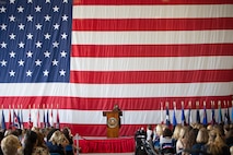 Second Lady of the United States Karen Pence speaks during a town hall event honoring active-duty spouses at Naval Station Norfolk, Norfolk, Virginia, April 24, 2019. The town hall was held to honor military spouses and children of deployed or deploying service members. During her visit, Second Lady Pence delivered care packages, spoke with spouses, and highlighted the programs and services that military service organizations such as the USO provide. (U.S. Marine Corps photo by Sgt. Jessika Braden/released)