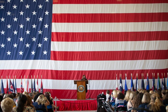 Second Lady of the United States Karen Pence speaks during a town hall event honoring active-duty spouses at Naval Station Norfolk, Norfolk, Virginia, April 24, 2019. The town hall was held to honor military spouses and children of deployed or deploying service members. During her visit, Second Lady Pence delivered care packages, spoke with spouses, and highlighted the programs and services that military service organizations such as the USO provide. (U.S. Marine Corps photo by Sgt. Jessika Braden/released)