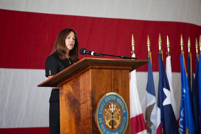 Second Lady of the United States Karen Pence speaks during a town hall event honoring active-duty spouses at Naval Station Norfolk, Norfolk, Virginia, April 24, 2019. The town hall was held to honor military spouses and children of deployed or deploying service members. During her visit, Second Lady Pence delivered care packages, spoke with spouses, and highlighted the programs and services that military service organizations such as the USO provide. (U.S. Marine Corps photo by Sgt. Jessika Braden/released)