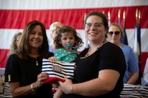 Second Lady of the United States Karen Pence meets with a military spouse and her daughter at the conclusion of a town hall event honoring active-duty spouses at Naval Station Norfolk, Norfolk, Virginia, April 24, 2019. The town hall was held to honor military spouses and children of deployed or deploying service members. During her visit, Second Lady Pence delivered care packages, spoke with spouses, and highlighted the programs and services that military service organizations such as the USO provide. (U.S. Marine Corps photo by Sgt. Jessika Braden/released)