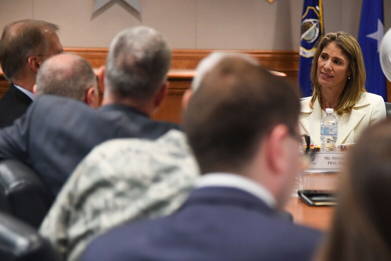 U.S. Rep. Lori Trahan speaks with senior leaders at Hanscom Air Force Base, Mass., during an immersion visit to the base April 25.