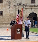 Lt. Gen. Jeffrey S. Buchanan, commanding general for U.S. Army North (Fifth Army), recognizes Tech. Sgt. Ryan Fillweber during the Army Day at the Alamo celebration April 23, for his actions during the April 22 Texas Cavaliers River Parade. Fillweber, a military ambassador during the 2019 Fiesta San Antonio celebrations, jumped off his barge and into the San Antonio River to save a woman who had fallen head-first into the river and was unable to right herself.