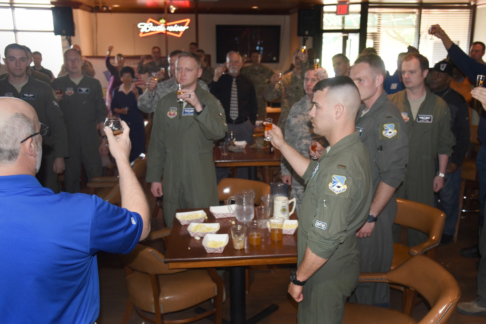 A toast to the Doolittle Raiders was held in the Ivory Lounge of the Tinker Event Center Apr. 18 and was hosted by the Air Force Association Gerrity Chapter 215. The National Soujourners provided the traditional cognac for the toast to honor the crewmembers that made up the Doolittle Raiders. The last surviving Raider, Lt. Col. Richard "Dick" Cole, Doolittle's co-pilot during the 1942 Tokyo Raid, passed away Apr. 9 of this year. (U.S. Air Force photo/Kelly White)