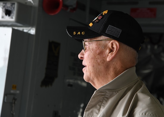 Master Sgt. Bill Fuselier, retired, looks at the cockpit of his former aircraft during a tour of a KC-135 Stratotanker, April 25, 2019 at Joint Base Andrews, Md. Fuselier is a Vietnam War veteran, Bronze Star recipient and former crew chief. He came to the 459th to visit the same aircraft he worked on when he was on active duty over 40 years ago. (U.S Air Force photo by Staff Sgt. Cierra Presentado)