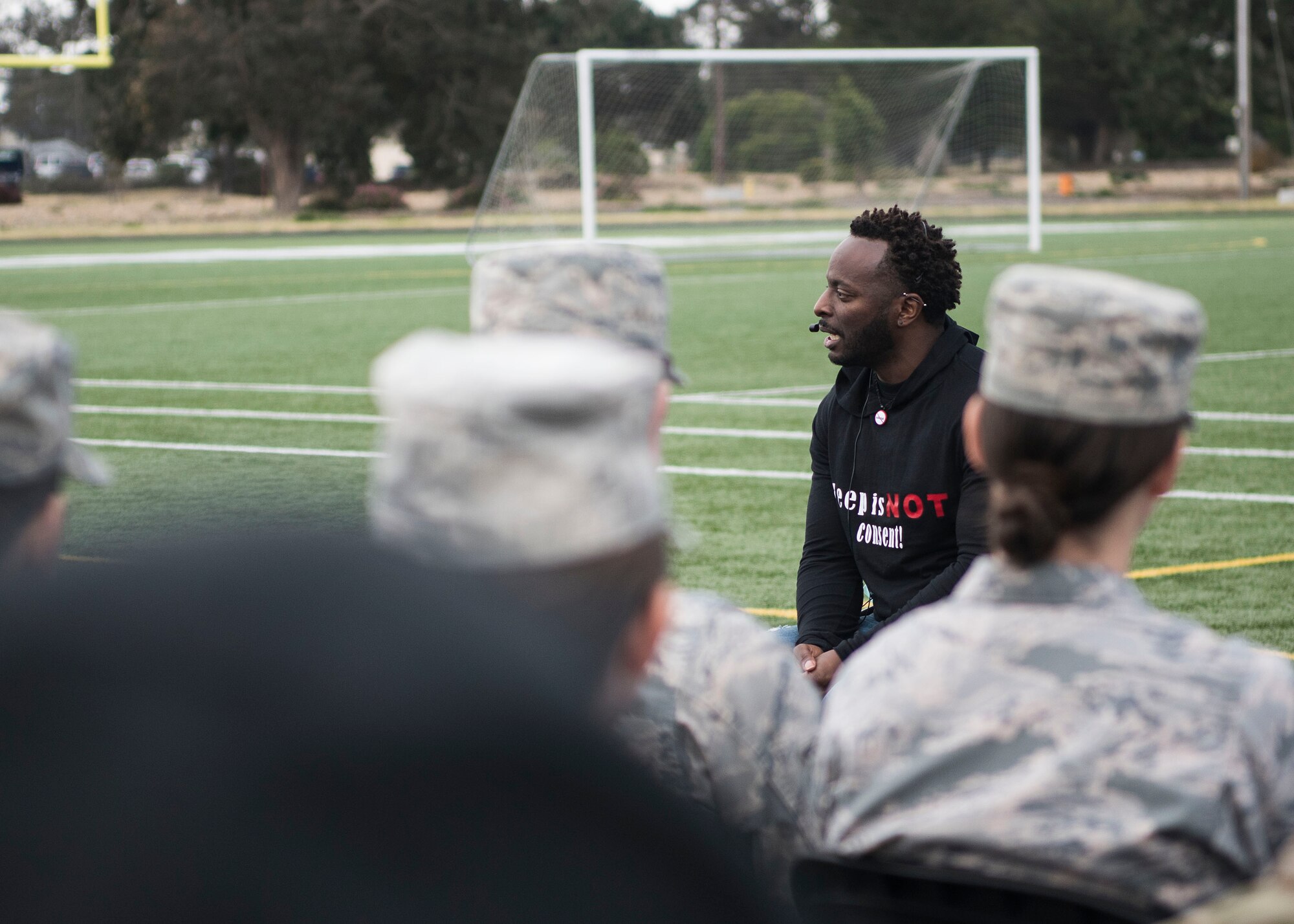 Edward Wilson, a guest speaker, shares a spoken word performance during Sexual Assault Prevention and Response’s Survivor Vigil April 19, 2019, at Vandenberg Air Force Base, Calif. After his performance, Wilson shared a few short stories and scenarios about obstacles he has overcome regarding sexual assult. (U.S. Air Force photo by Airman 1st Class Hanah Abercrombie)
