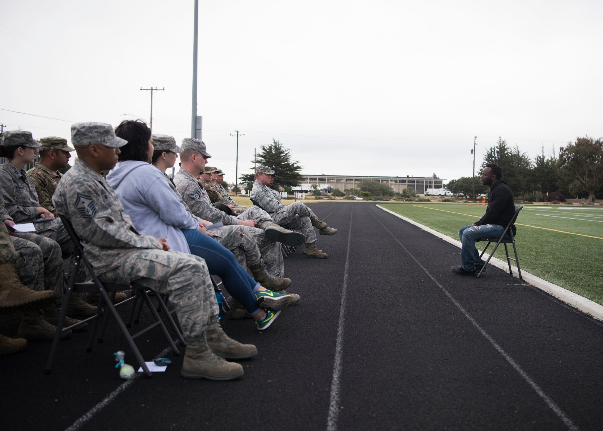 Edward Wilson, a guest speaker, shares a spoken word performance during the 30th Space Wing Sexual Assault Prevention and Response’s Survivor Vigil April 19, 2019, at Vandenberg Air Force Base, Calif. Wilson is an Army veteran who works with Today Difference Makers to share his story of sexual assault through spoken word poetry across the country. (U.S. Air Force photo by Airman 1st Class Hanah Abercrombie)