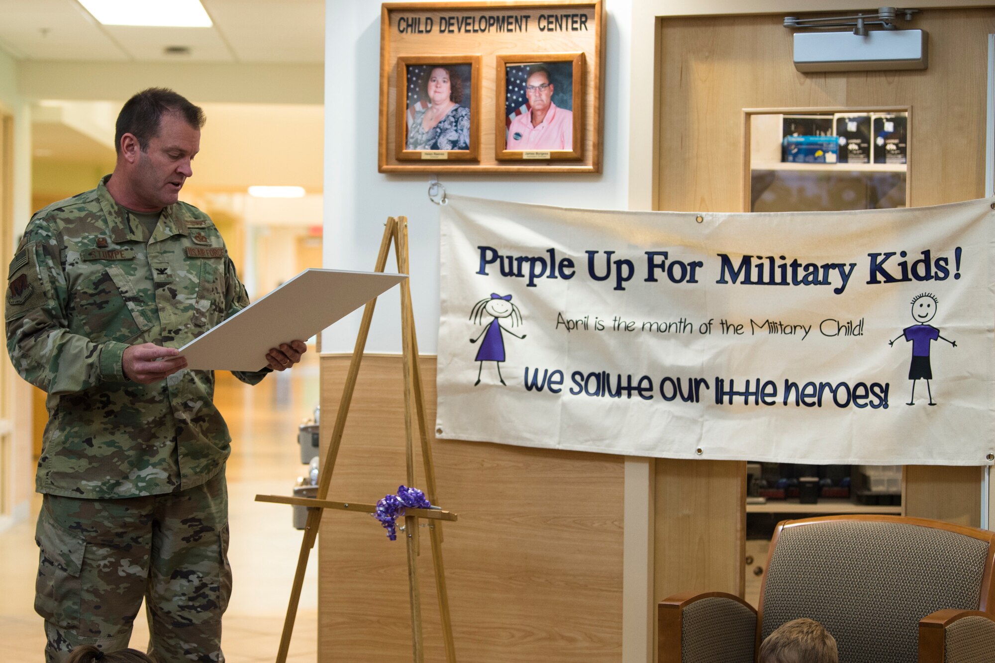 Col. Brian Stumpe, 23d Mission Support Group commander, reads a proclamation against child abuse, April 5, 2019, at Moody Air Force Base, Ga. April is designated as Month of the Military Child. The proclamation is designed to increase military members' participation in raising awareness of child abuse, preventing child abuse and strengthening the local community. (U.S. Air Force photo by Airman 1st Class Taryn Butler)