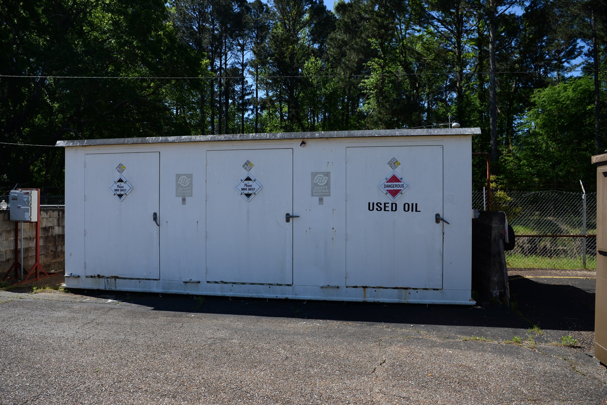 The used oil recycle unit at the recycling center, April 22, 2019, on Columbus Air Force Base, Miss. Airmen and civilians can use this facility to drop off and dump used oil into a barrel located inside the unit where it will then be disposed of once the barrels fill to capacity. (U.S. Air Force photo by Airman 1st Class Jake Jacobsen)