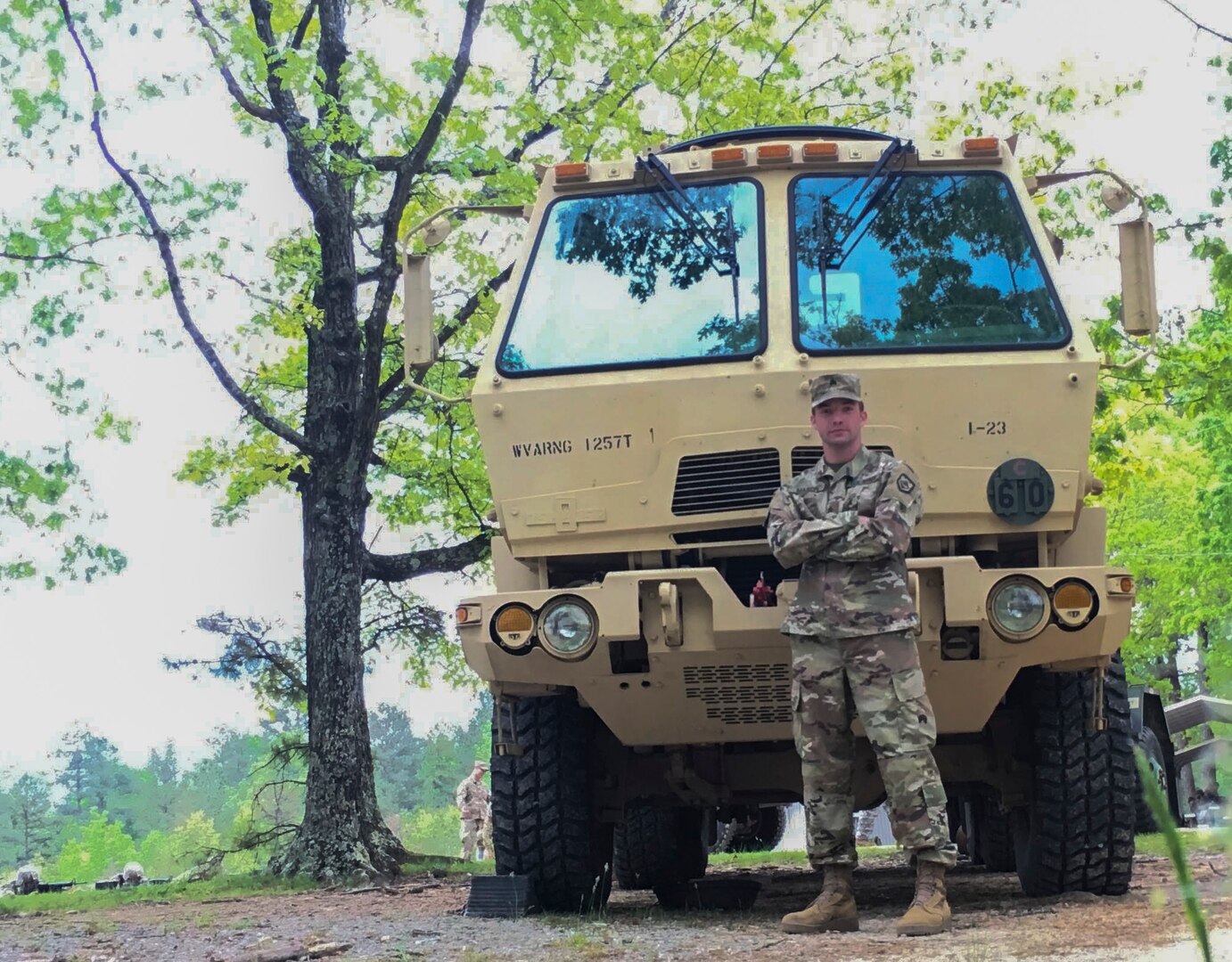 Sgt. Jacob Mason, a motor vehicle operator with the 1257th Transportation Company, poses for a photo in front of a vehicle he operates. Mason was selected as the West Virginia Army National Guard's Soldier Spotlight for April. (Courtesy Photo)