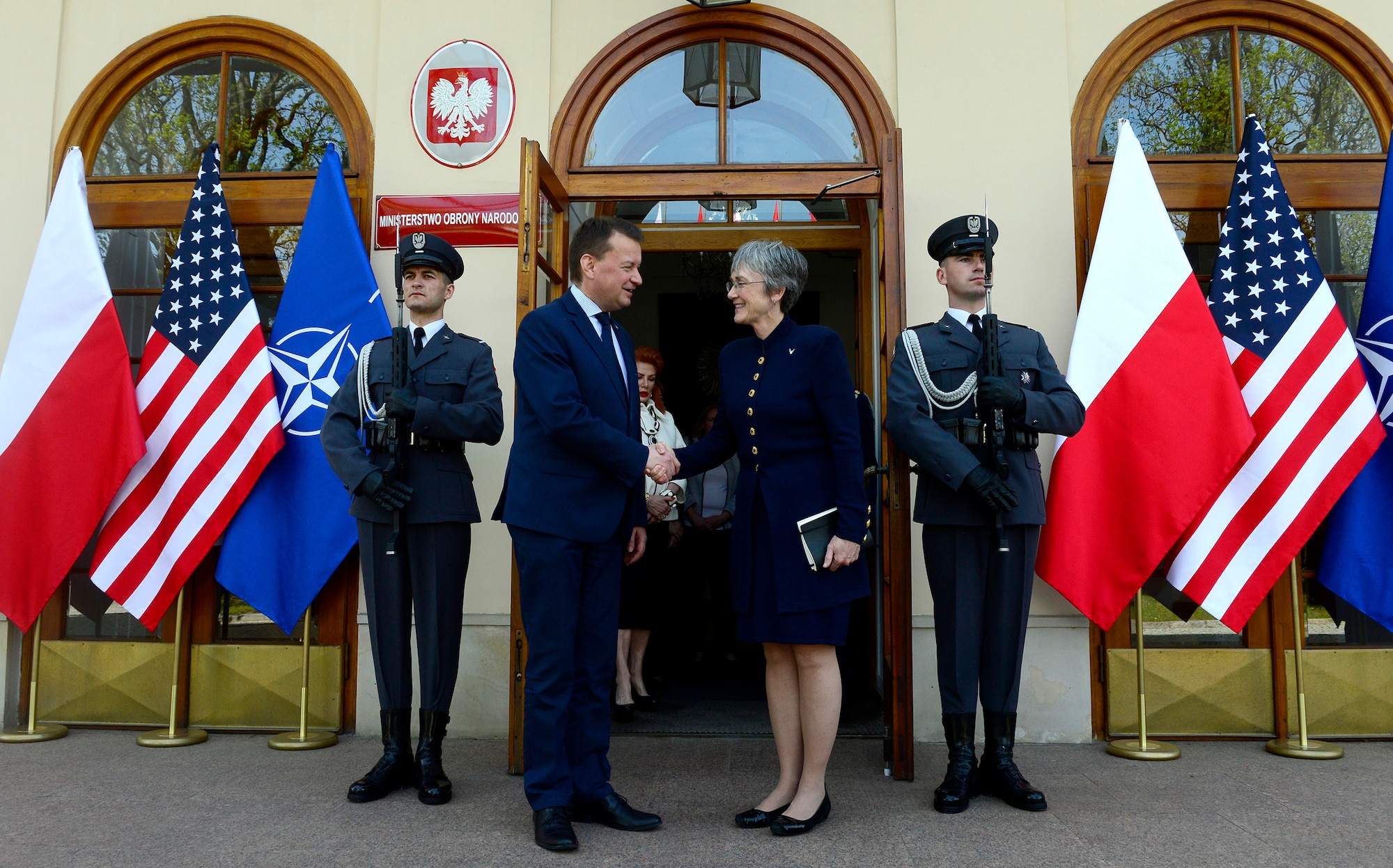 Secretary of the Air Force Heather Wilson greets the Polish Minister of Defense Mariusz Blaszczak in Warsaw, Poland, April 25, 2019. (U.S. Air Force photo by Staff Sgt. Rusty Frank)