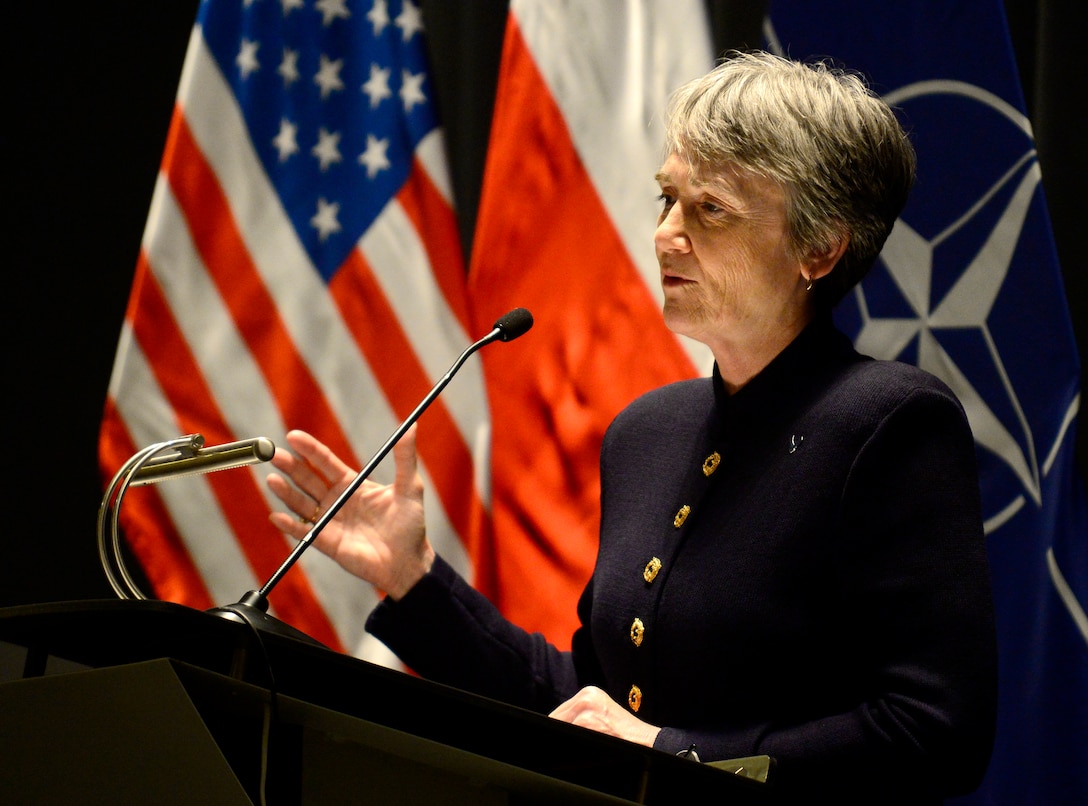 Secretary of the Air Force Heather Wilson speaks gives remarks at the War Studies University in Warsaw, Poland, April 25, 2019. During her remarks Wilson spoke about the importance why the U.S. and NATO allies must continue to strengthen deterrence efforts and adapt through improving readiness and responsiveness. (U.S. Air Force photo by Staff Sgt. Rusty Frank)