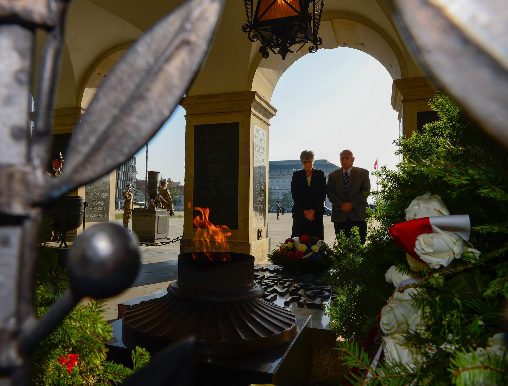Secretary of the Air Force Heather Wilson and her husband Jay Hone lay a wreath at the Tomb of the Unknown Soldier in Warsaw, Poland, April 26, 2019. (U.S. Air Force photo by Staff Sgt. Rusty Frank)