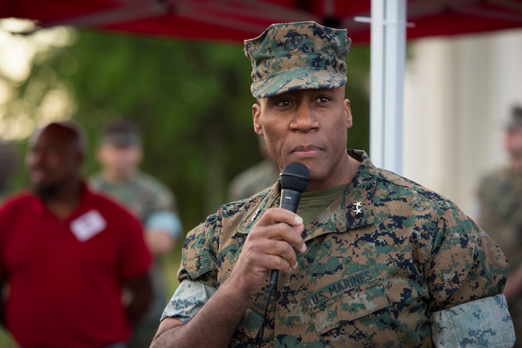U.S. Marine Corps Maj. Gen. Michael E. Langley, U.S. Central Command Director of Strategy, Plans and Policy, talks about the importance of Sexual Assault Prevention and Response at MacDill Air Force Base, Fla., April 5, 2019.