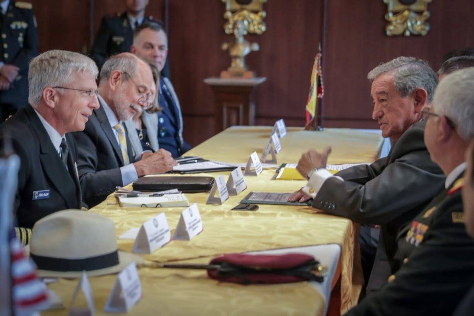 U.S. Navy Adm. Craig Faller, commander of U.S. Southern Command, meets with Ecuador's Minister of Defence, General Oswaldo Jarrín.