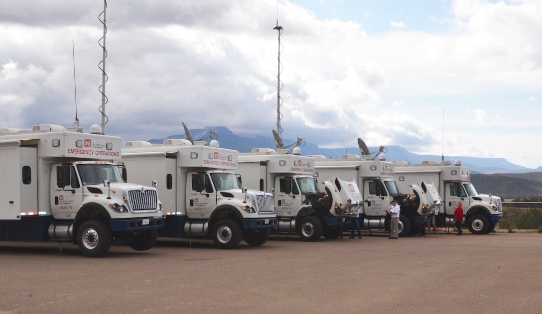 The five ECCVs that participated in the exercise line up outside of the Trinidad Lake Project Office, April 17, 2019.