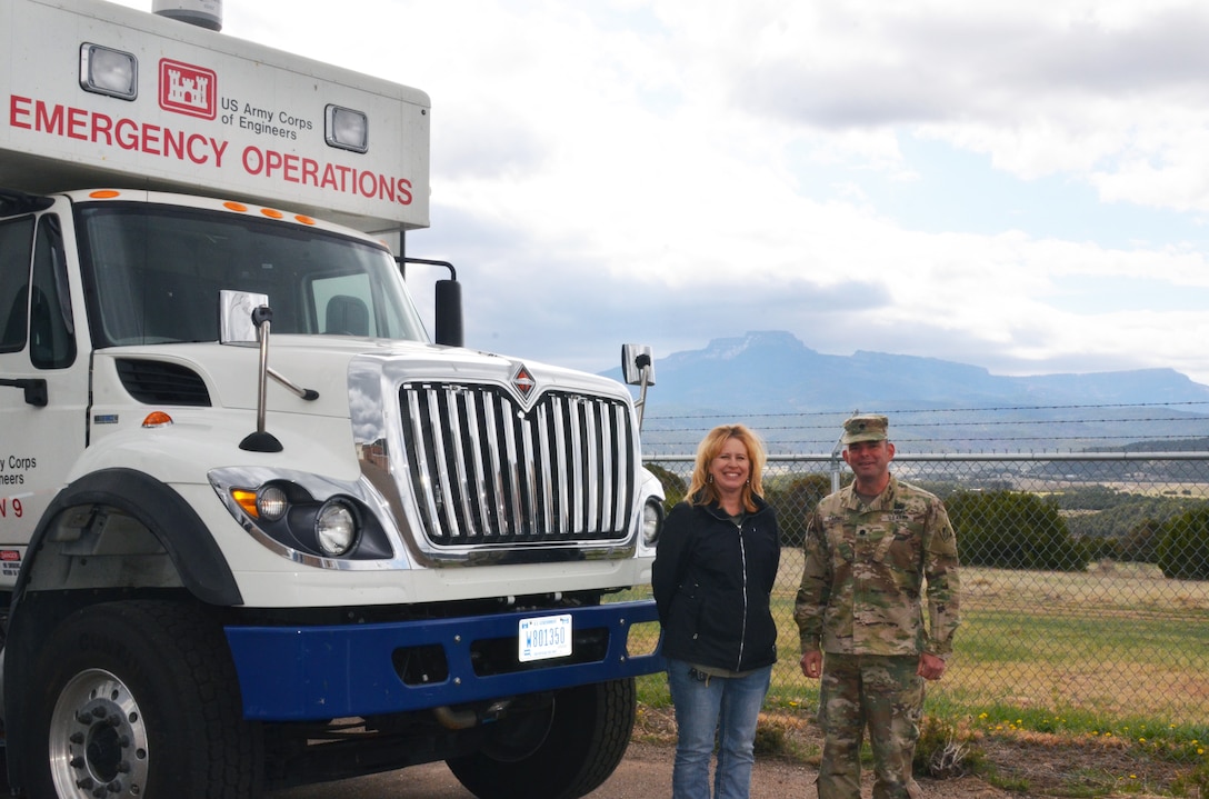 Trinidad Lake project office manager Kim Falen and District Commander Lt. Col. Larry Caswell stand by one of the ECCVs, April 17, 2019.