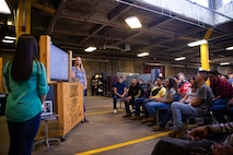 U.S. Marines with Supply Company, 2nd Supply Battalion, 2nd Marine Logistics Group, discuss sexual assault prevention and awareness at Camp Lejeune, North Carolina, April 24, 2019.