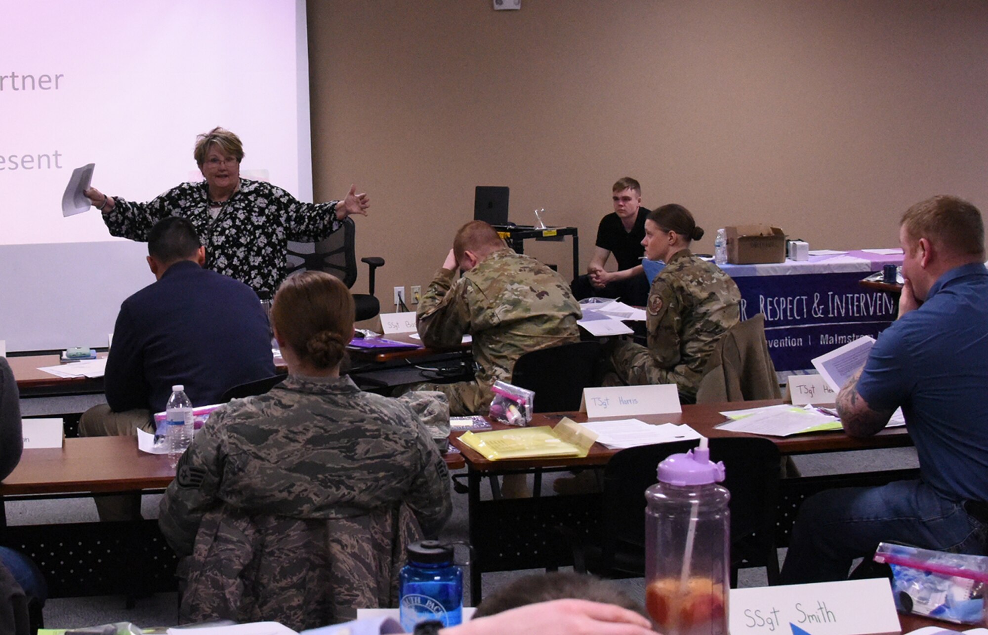 Margaret Rhodes, 341st Missile Wing violence prevention integrator, conducts a train-the-trainer course Feb. 7, 2019, at Malmstrom Air Force Base, Mont.