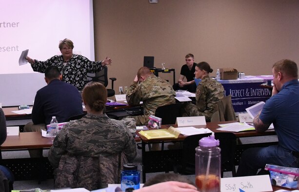 Margaret Rhodes, 341st Missile Wing violence prevention integrator, conducts a train-the-trainer course Feb. 7, 2019, at Malmstrom Air Force Base, Mont.