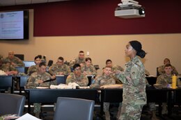 Master Sgt. Shavonda Devearaux, surgeon cell noncommissioned officer in charge, 1st Theater Sustainment Command, gives an overview of the Blackjack Life Saver Course April 24, 2019 at Fort Knox, Ky.