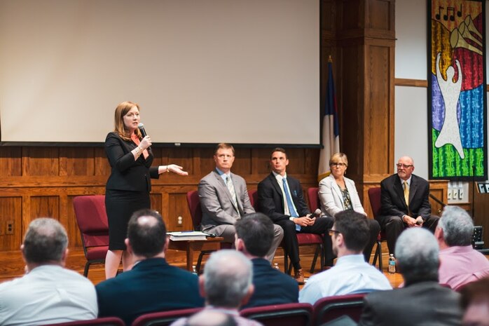U.S. Representative Lizzie Fletcher talks with concerned citizens regarding flooding within her congressional district. The meeting was held April 25 at Memorial Drive United Methodist Church. Also answering questions were Russ Poppe of the Harris County Flood Control District, Ben Akers of the FEMA Texas Recover Office, Sheri Willey of the U.S. Army Corps of Engineers, Galveston District, and Scott Hudman of HUD.
Within Rep. Fletcher’s 7th District, the $75 million Addicks and Barker Dam Safety construction project continues to progress. The Galveston District is also partnering with the Fort Bend Drainage District to desilt Buffalo Bayou, and is currently in the process of holding public scoping meetings for the Buffalo Bayou and Tributaries Resiliency Study. This study will identify and evaluate the feasibility of reducing flood risks on the Buffalo Bayou, both upstream and downstream of Addicks and Barker Reservoirs in Harris County, Texas, while simultaneously completing a Dam Safety Modification Evaluation on the two dams.