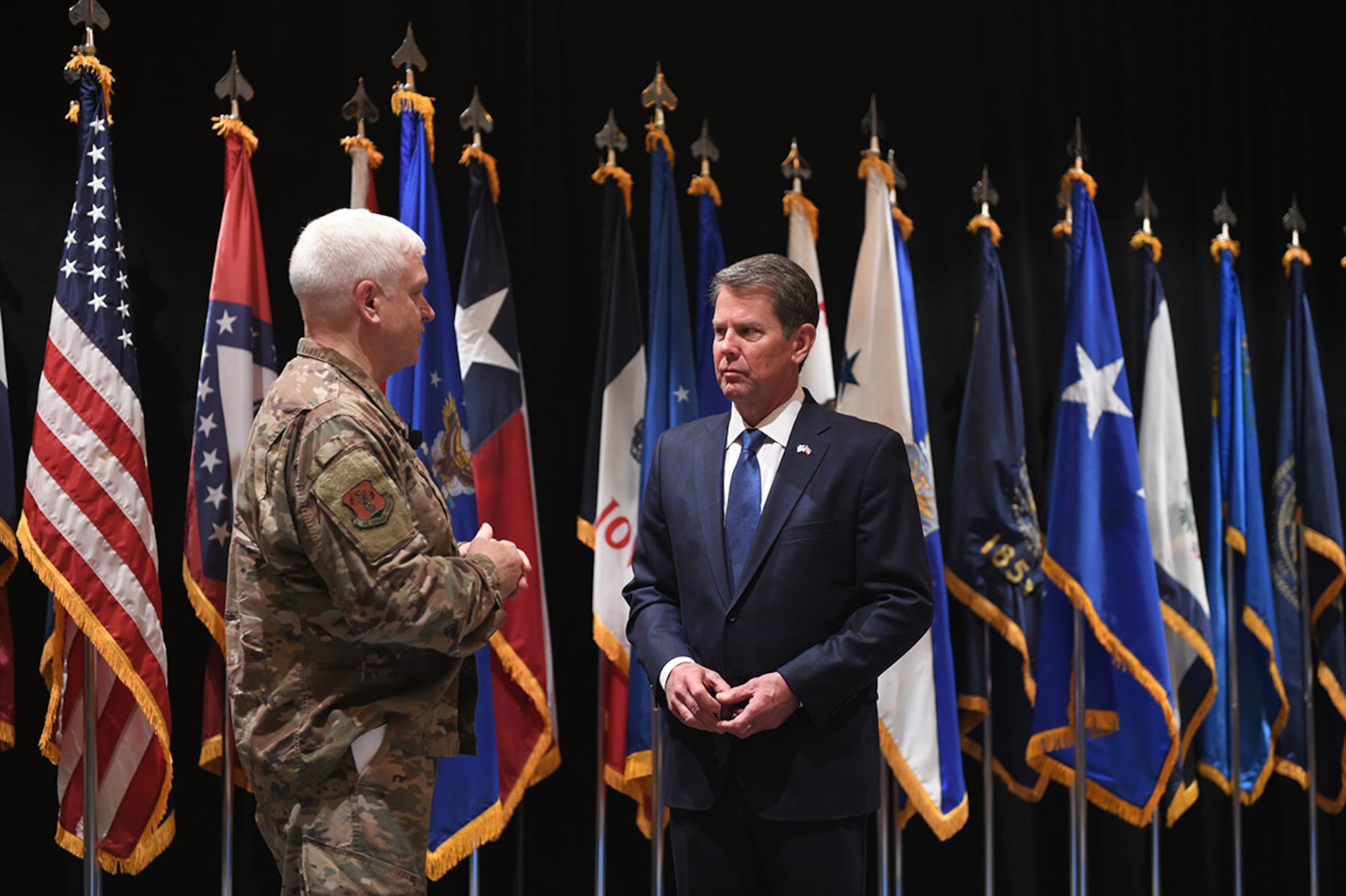 U.S. Air Force Lt. Gen. L. Scott Rice, director of the Air National Guard, greets Georgia Governor Brian Kemp, at the 2019 Air National Guard Senior Leadership Conference, April 23, 2019, in Atlanta, Georgia.