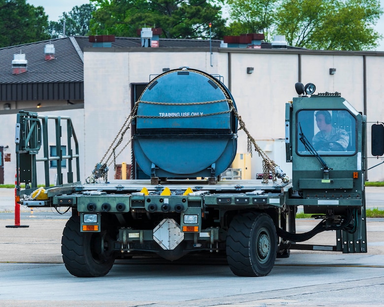 U.S. Air Force Reservist Senior Airman Zachery Derrick, 96th Aerial Port Squadron air transportation specialist, drives a 25K halvorsen loader during the 2019 Port Dawg Competition held at Dobbins Air Reserve Base, Georgia, April 25, 2019.