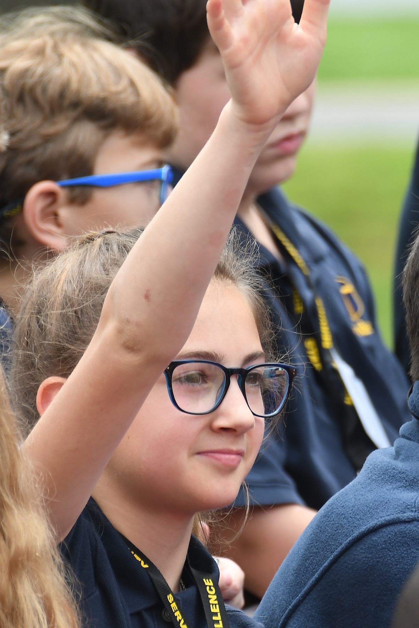 A STARBASE 2.0 student raises her hand during a question and answer session with Alyssa Carson at Barksdale Air Force Base, Louisiana, April 26, 2019.  Carson, who has aspirations of being the first person on Mars, was on hand to speak with the students.  She also took questions about her training and preparation for her quest. (U.S. Air Force photo by Master Sgt. Ted Daigle)