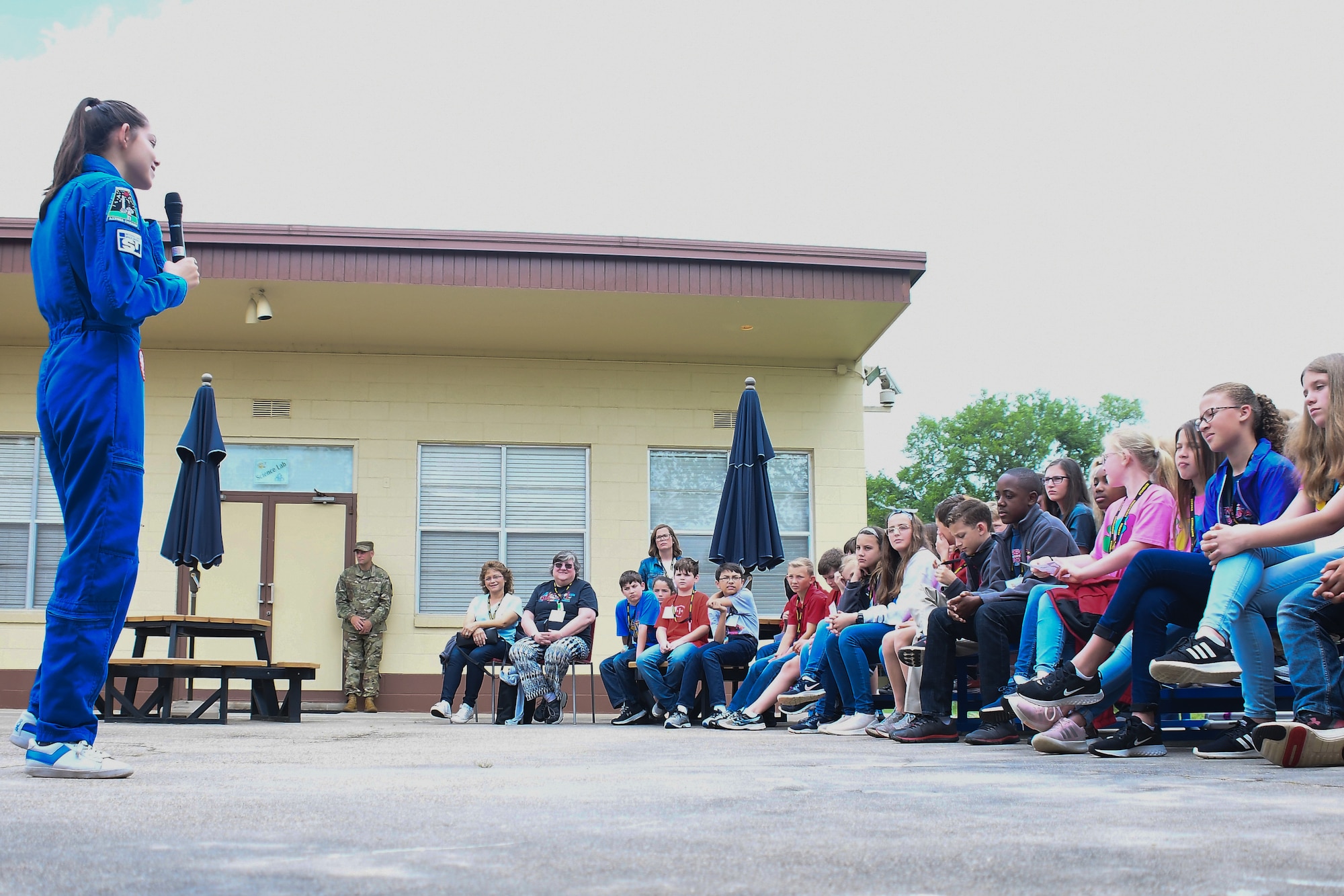Alyssa Carson, a high school senior training to become an astronaut, visited Barksdale Air Force Base, Louisiana, April 26, 2019.  She was on hand to deliver an inspiration message to STARBASE 2.0 students and to answer their questions about her quest to become the first person on Mars. (U.S. Air Force photo by Master Sgt. Ted Daigle)