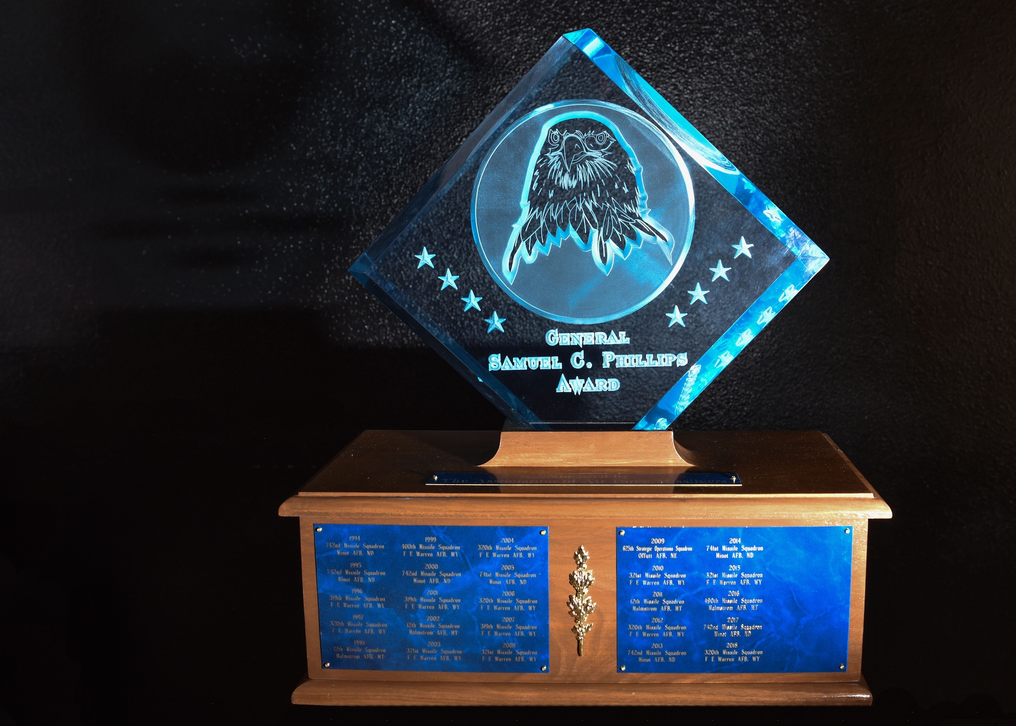 The General Samuel C. Phillips Award sits in it home at the 320th Missile Squadron heritage room April 22, 2019, on F.E. Warren Air Force Base, Wyo. Air Force Global Strike Command named the 320th Missile Squadron the General Samuel C. Phillips overall best Missile Squadron for 2018. (U.S. Air Force photo by Airman 1st Class Braydon Williams)
