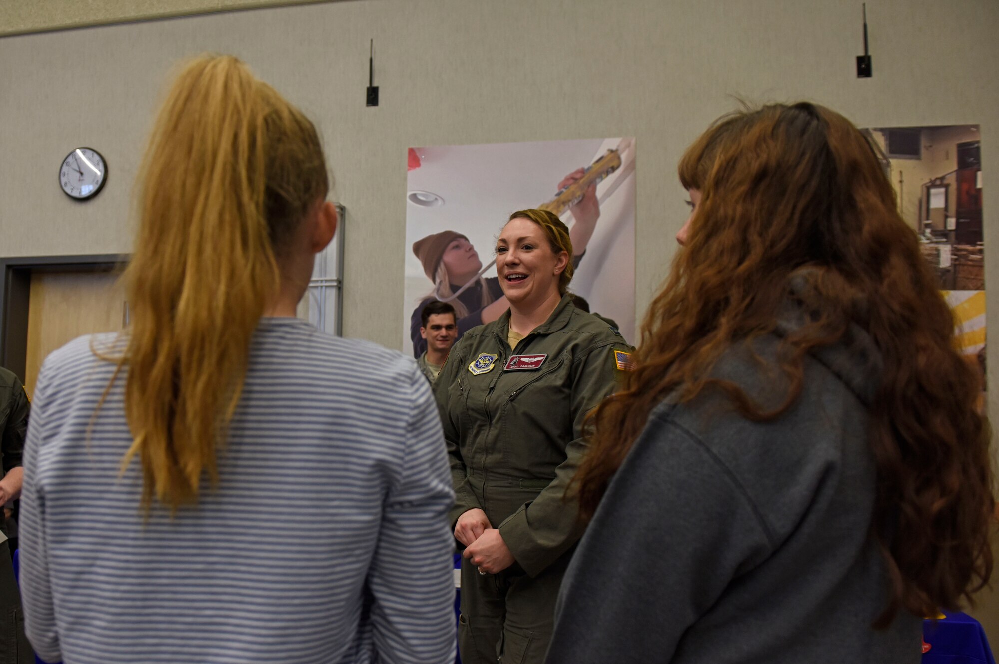 U.S. Air Force Capt. Jennifer Carlson, 384th Air Refueling Squadron chief of training, talks to students on becoming a military aircraft pilot during the annual NEWTech Skills Center job fair in Spokane, Washington, April 24, 2019. By participating in the job fair, Team Fairchild Airmen and community members seek the opportunity to inspire America’s future leaders to learn about the endless opportunities there are in the community and in the Air Force. (U.S. Air Force photo by Senior Airman Jesenia Landaverde)