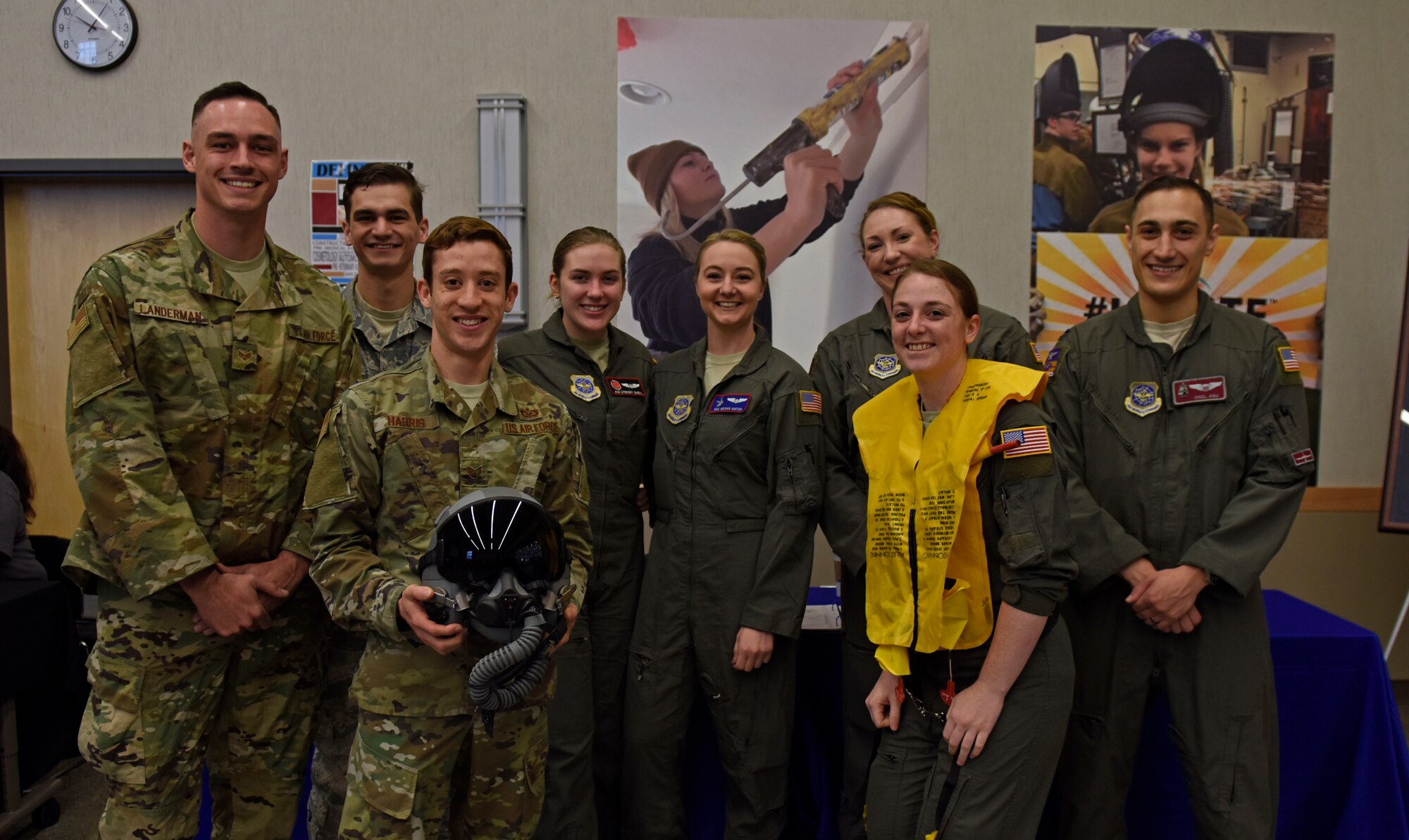 Airmen from the 92nd Air Refueling Wing pose for a photo during the annual NEWTech Skills Center job fair in Spokane, Washington, April 24, 2019. The annual job fair is hosted for 8th graders across 11 schools districts in Spokane County to help students mold their pathways before they go to high school. (U.S. Air Force photo by Senior Airman Jesenia Landaverde)