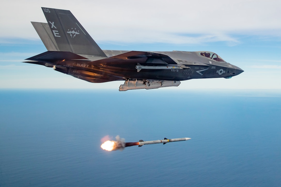 An F-35 Lightning II launches an AIM-120 missile released from an internal weapons storage bay over a controlled sea test range in the Pacific Ocean.The 412th Test Wing recently published the technical report on the F-35 Automatic Ground and Collision Avoidance System and have recommended it for fielding; seven years ahead of schedule. (U.S. Air Force photo by Christopher Okula)