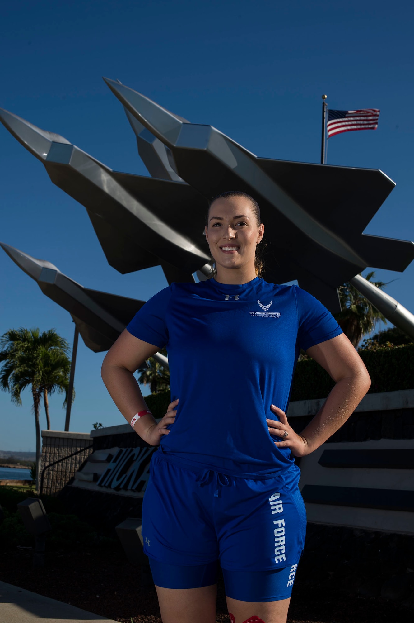 Senior Airman Faith Donato, 647th Security Forces Squadron, was struck by a tour bus while checking ID cards at the Ford Island entry control point. Donato, originally from Gettysburg, Pennsylvania, will serve as an alternate during the 2019 Wounded Warrior Games held this summer in Tampa, Florida. (U.S. Air Force photo by Tech. Sgt. Heather Redman)