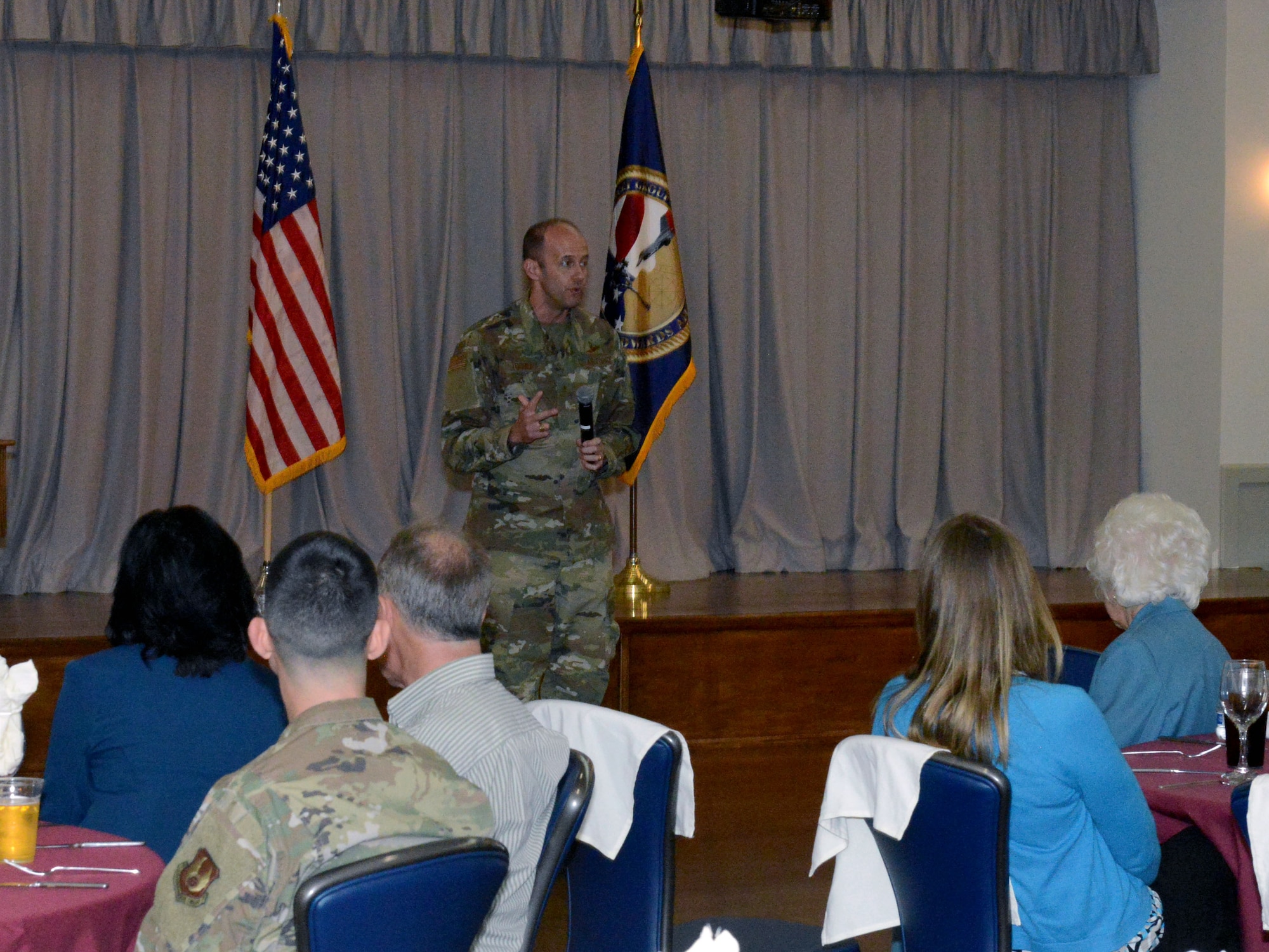 Brig. Gen. E. John Teichert, 412th Test Wing commander, addresses the Edwards Civilian-Military Support Group during their Spring Mixer at Edwards Air Force Base, California, April 25. (U.S. Air Force photo by Michelle Thomas)