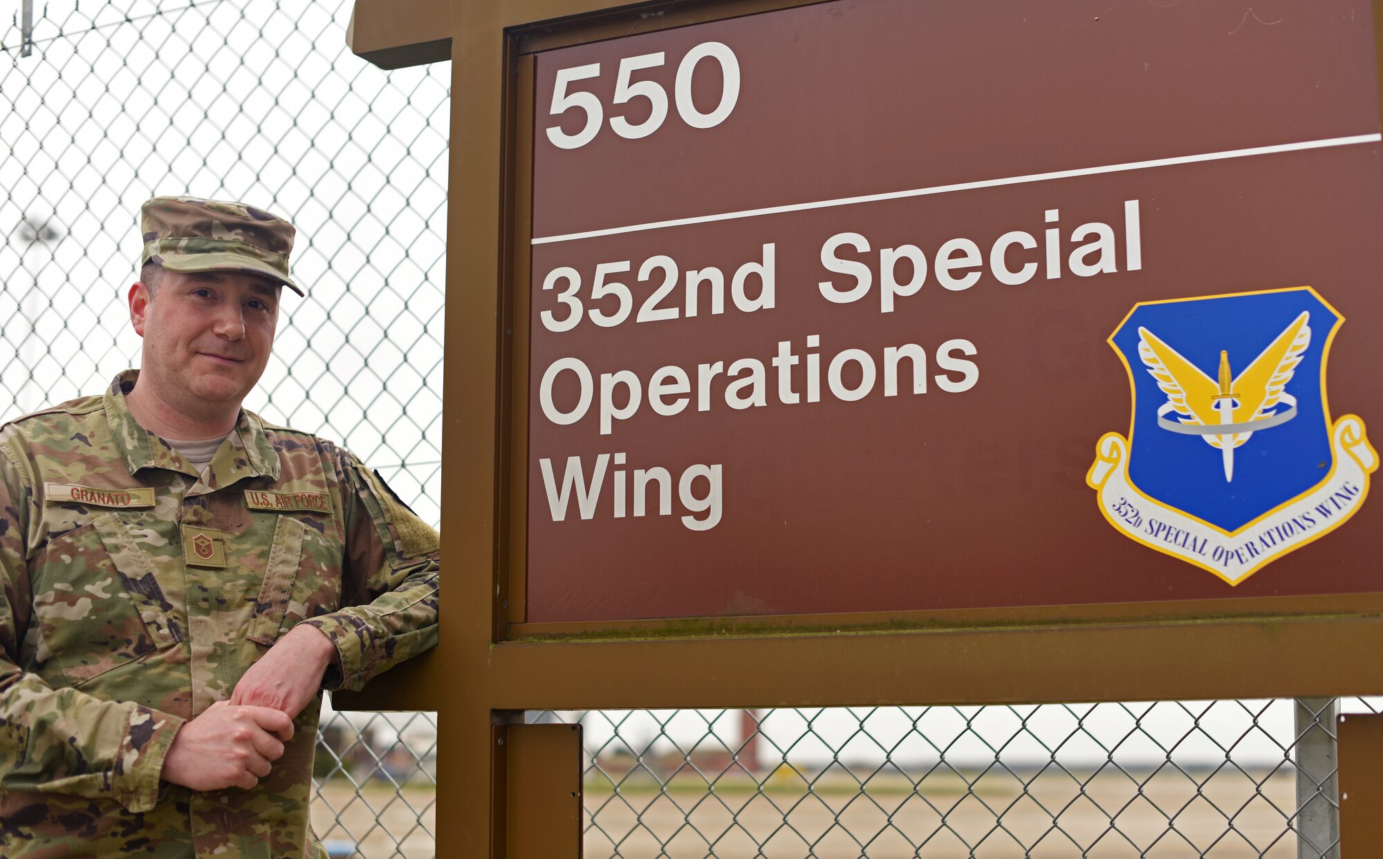 U.S. Air Force Master Sgt. Michael Granato, 752nd SOAMXS first sergeant, poses for a photo at RAF Mildenhall, England, March 8, 2019. Granato, a former avionics Airman, began his first sergeant career at Joint Base Elemendorf-Richardson, Alaska with the 3rd Operations Support Squadron before heading over to RAF Mildenhall, England. (U.S. Air Force photo by Airman 1st Class Brandon Esau)