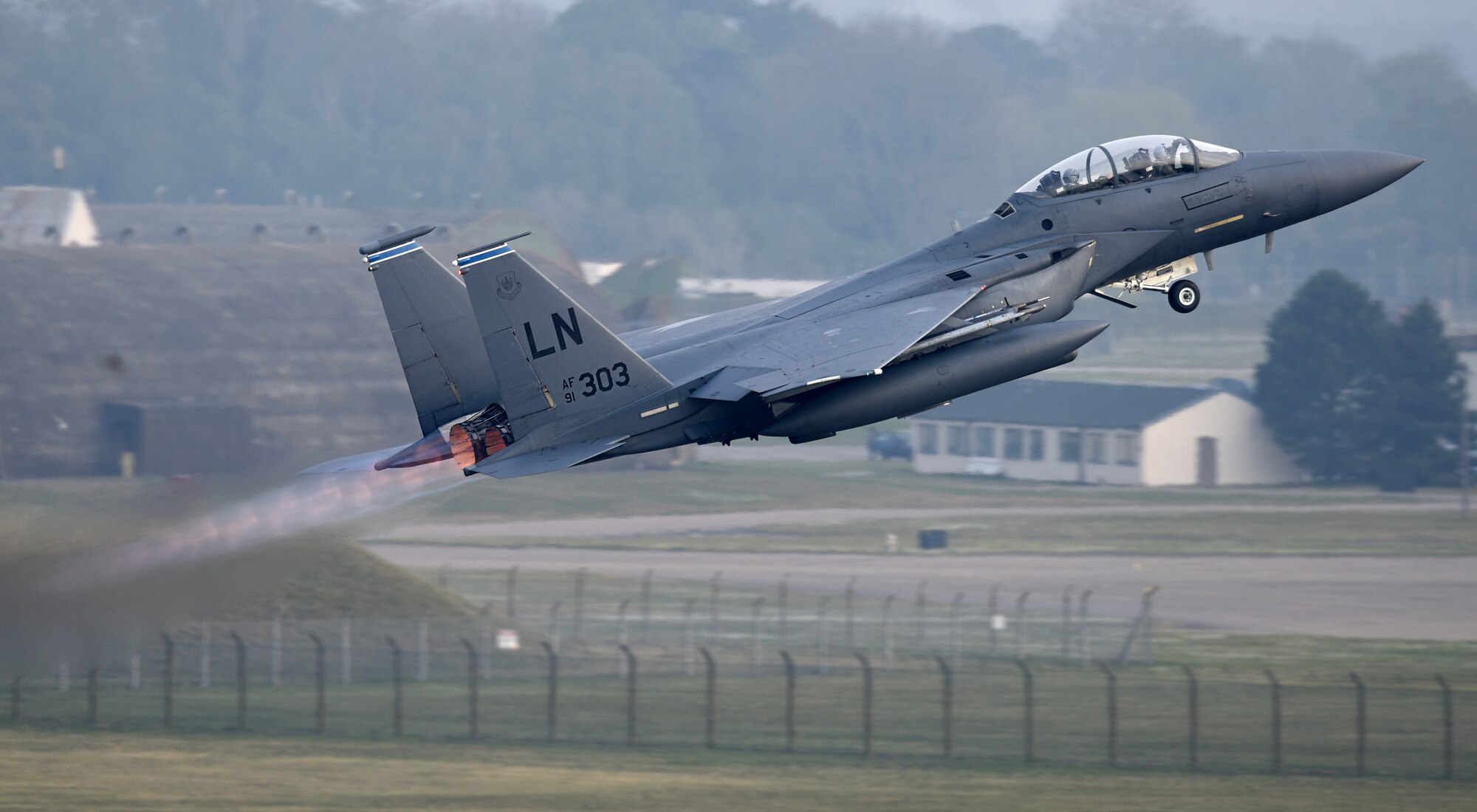 An F-15E Strike Eagle assigned to the 492nd Fighter Squadron takes off from the flight line at Royal Air Force Lakenheath, England, April 24, 2019. The 48th Fighter Wing is participating in a readiness exercise from 23-25 April focused on continuous operations over a 48-hour period. (U.S. Air Force photo by Airman 1st Class Madeline Herzog)