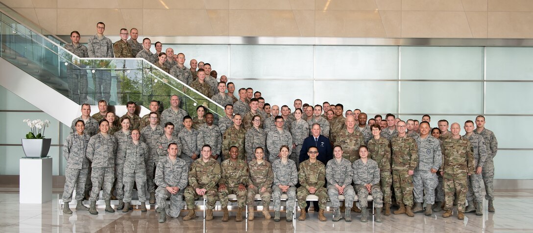 Air Force Chief of Staff Gen. David L. Goldfein meets with Space Flag 19-2 participants at the Boeing Virtual Warfare Center in Washington, D.C., April 19, 2019. Space Flag is a mission planning exercise, which allows space operators to maneuver in a robust, physics-based modeling and simulation environment. (Courtesy photo)
