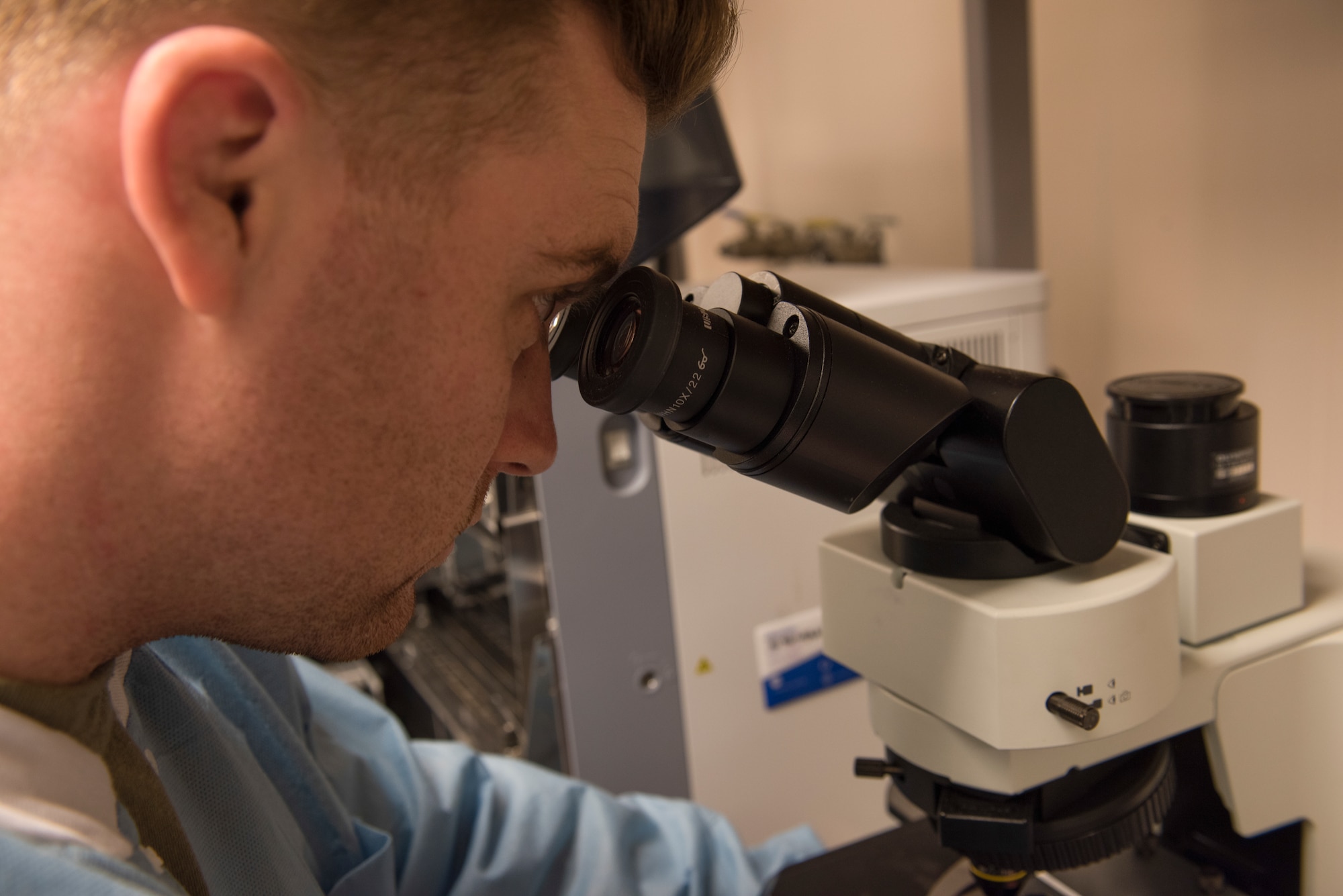 Staff Sgt. Jake Henry, 39th Medial Support Squadron laboratory technician, analyzes a sample March 28, 2019, at Incirlik Air Base, Turkey. Lab technicians test blood samples, as well as assit primary care managers in treating patients based on their analysis. (U.S. Air Force photo by Staff Sgt. Matthew J. Wisher)