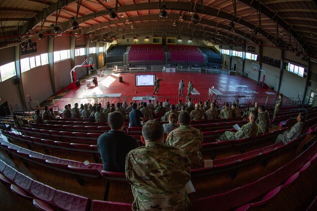 Service members from across the nation receive a brief at Ponce, Puerto Rico, April 26, 2019, during Innovative Readiness Training Puerto Rico. Marine Forces Reserve Sailors are working jointly with several National Guard and Reserve units from across the nation to provide medical care in Puerto Rico during a two-week medical exercise.