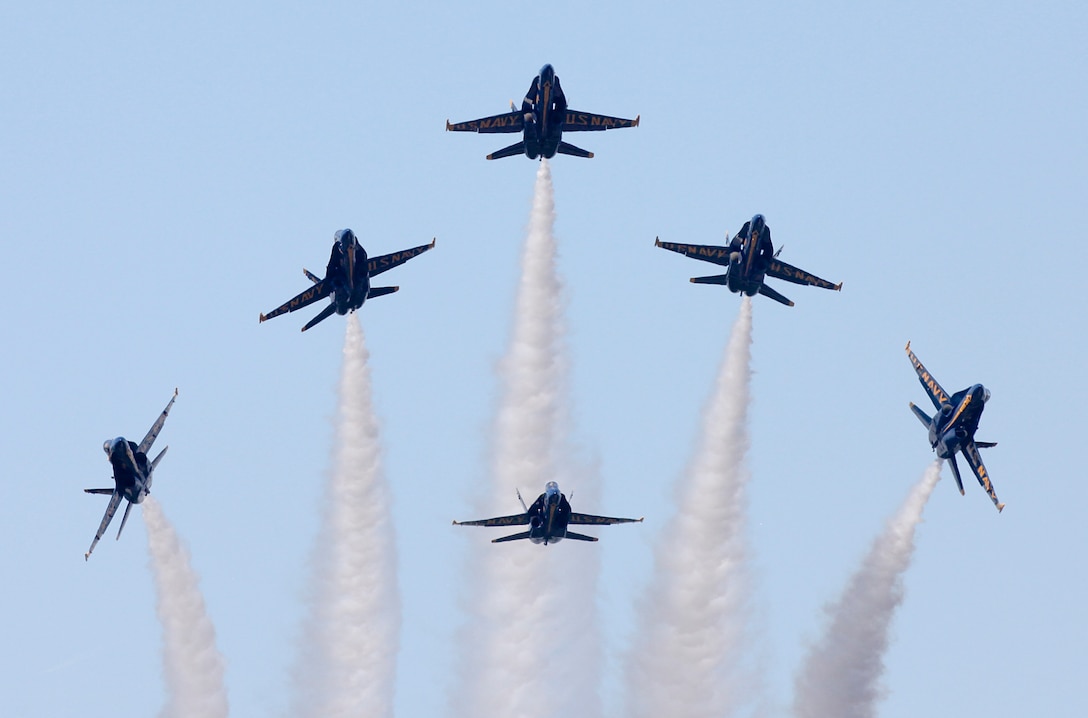 The U.S. Navy Flight Demonstration Squadron, the Blue Angels, perform during the Marine Corps Air Station Beaufort Air Show, April 27. MCAS Beaufort hosts the air show in order to bring the community together and demonstrate U.S. Marine Corps Aviation Combat Element and Marine Air-Ground Task Force capabilities.