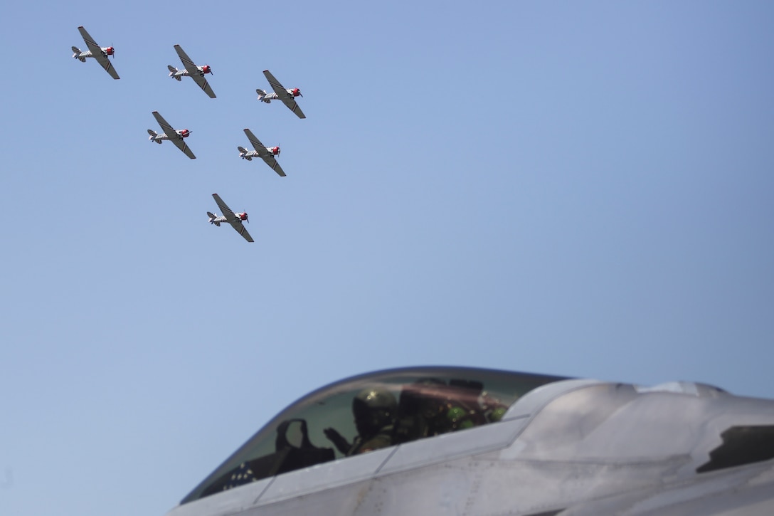 The Geico Skytypers, also known as the T-6 Texans, practice routine flight patterns above Marine Corps Air Station during the 2019 MCAS Beaufort Air Show, April 27. MCAS Beaufort hosts the air show in order to bring the community together and demonstrate U.S. Marine Corps Aviation Combat Element and Marine Air-Ground Task Force capabilities.
